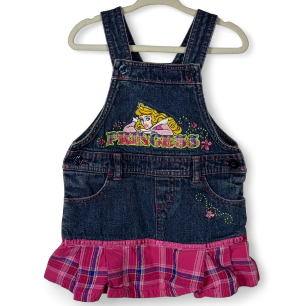 Y2K Disney Princess Denim Overall Dress Embroidered Kid’s Size 2T Plaid Retro
